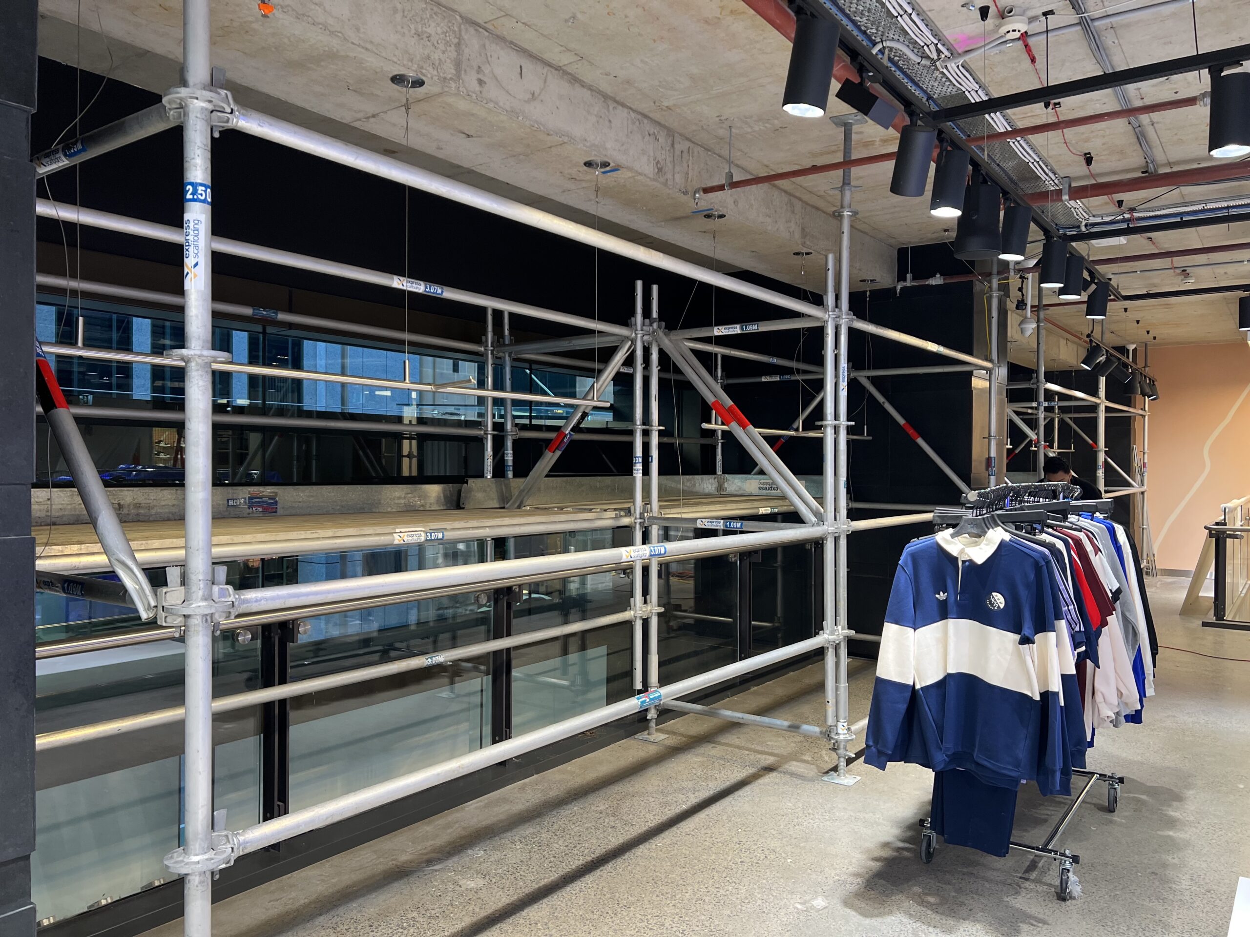 Aluminium lightweight scaffold inside the Adidas CBD store in Sydney CBD