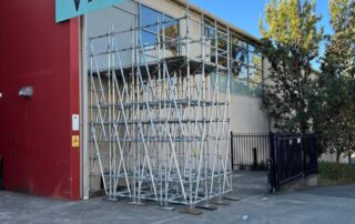 Completed aluminium scaffolding structure outside Victoria’s Basement retail building